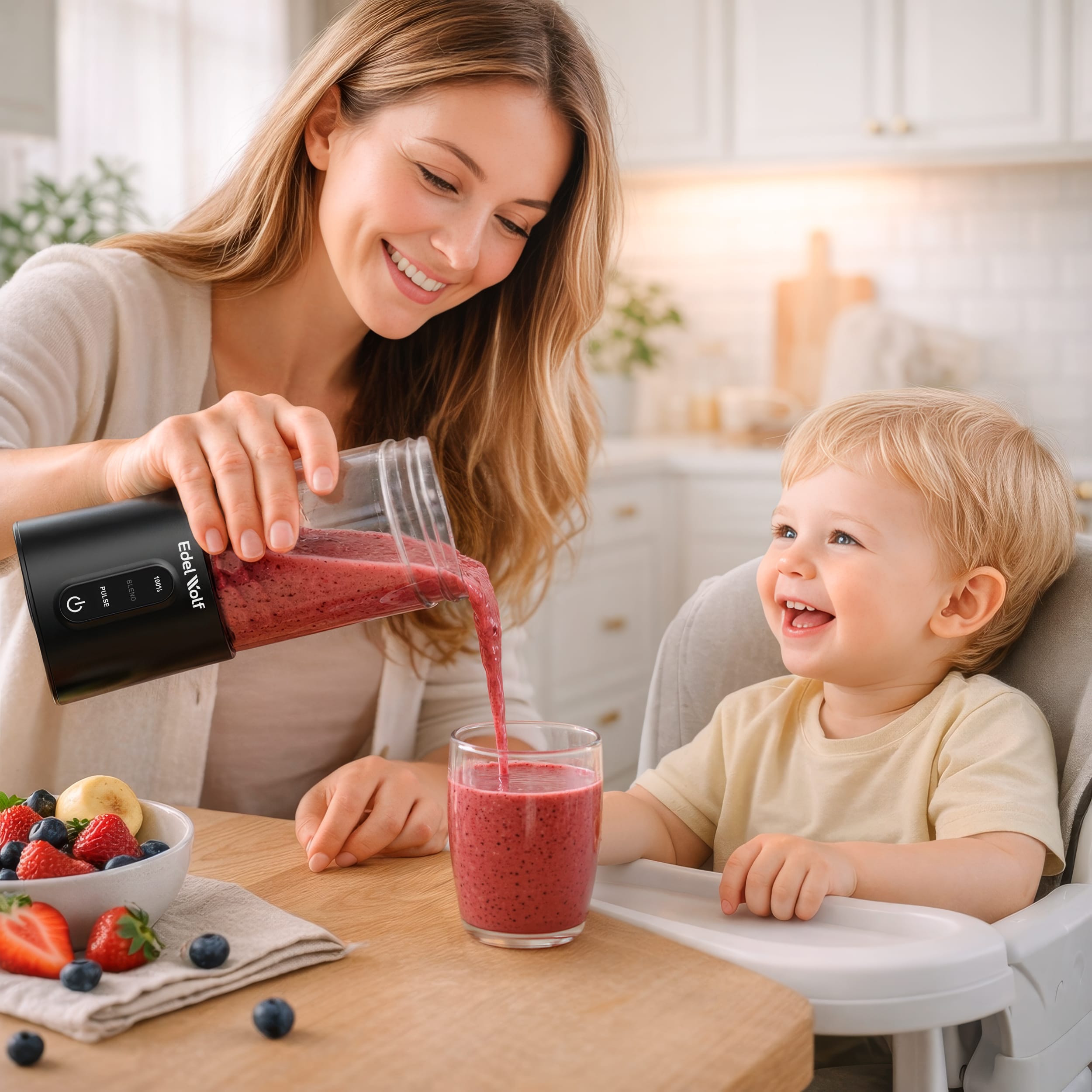 AI Mama nalewa smoothie dziecku
