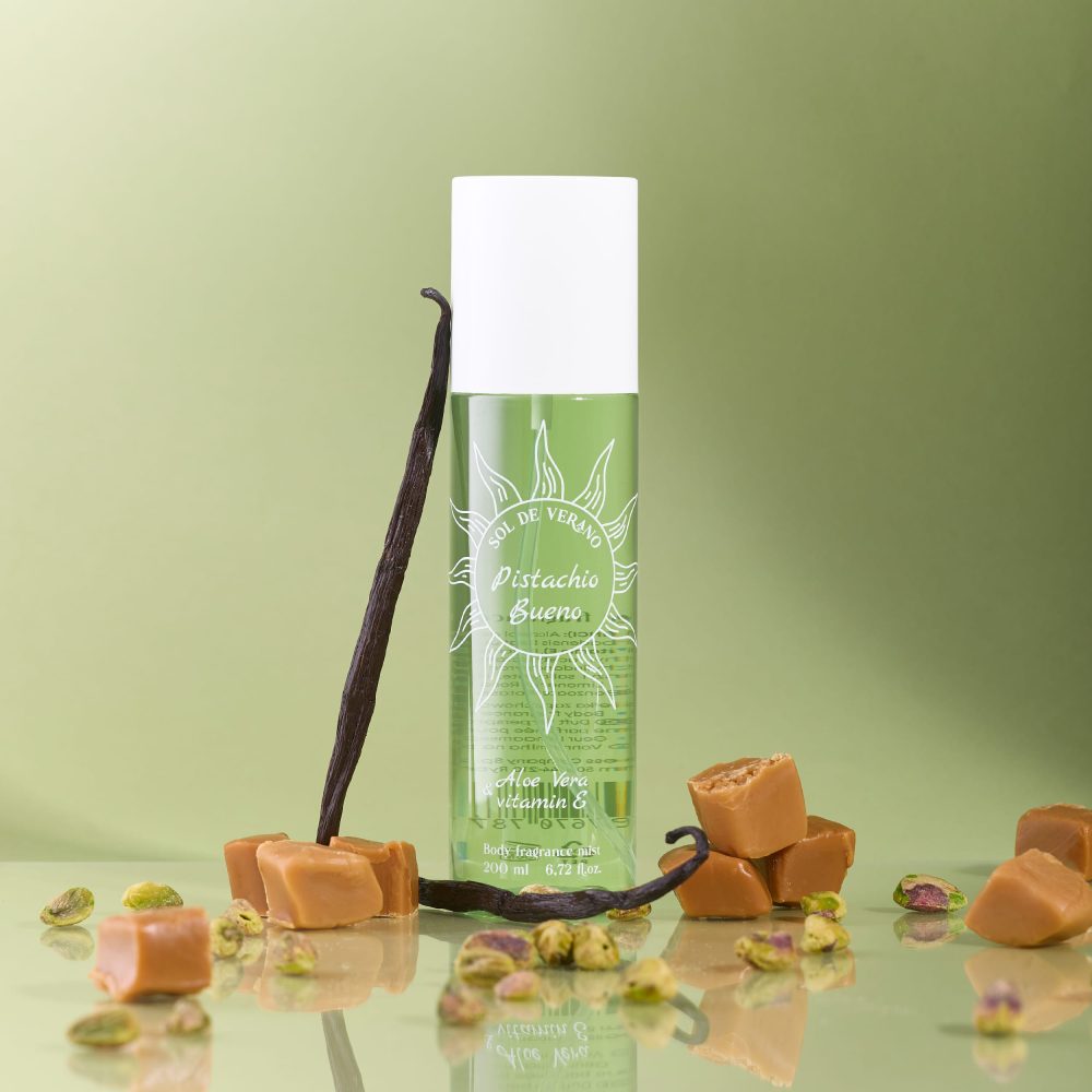 aranżacja mgiełki do ciała Pistachio Bueno w kompozycji składników aktywnych