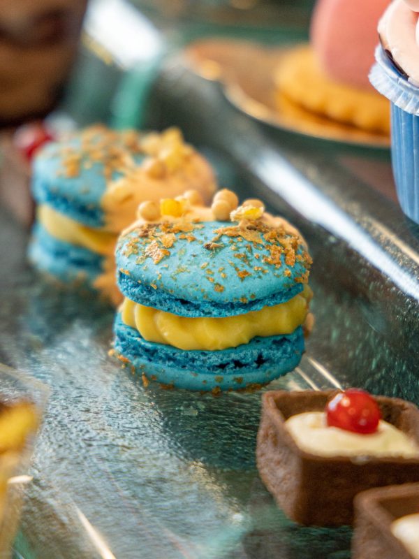 fotografia kulinarna niebieski makaronik wśród słodyczy